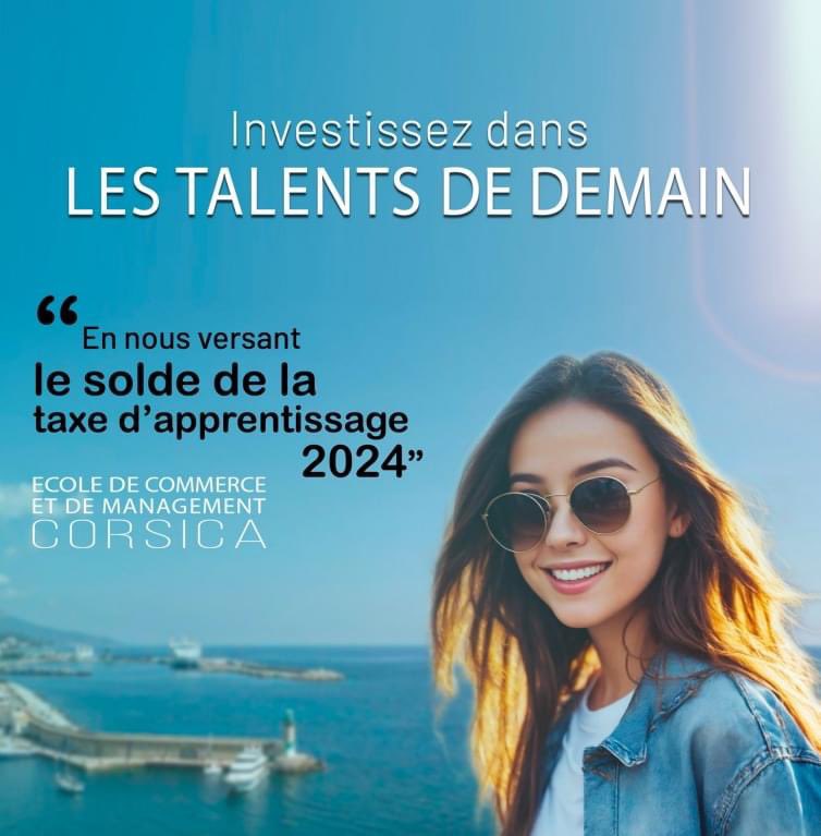⏰Taxe d'Apprentissage 2024 : Démarrage de la campagne du versement du solde de votre Taxe d'apprentissage, le 27 mai.
Soutenez notre École sur  #SOLTéA urlz.fr/m2Sj
→ notre nom : “ECM Corsica"
→ notre numéro de SIRET : 13001457400078
→ notre code UAI : 7200709H
