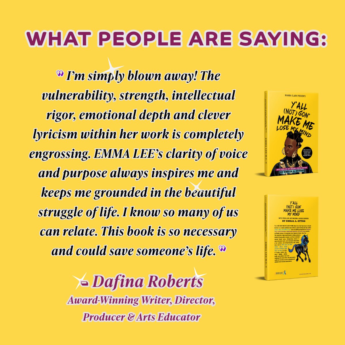ratio: <a href="/themightydro/">Dafina Roberts</a> says my book saved them yet years ago they saved me &amp; thus inspired the book 🥲 "Y'ALL (NOT) GON' MAKE ME LOSE MY MIND: Notes from a Hip-Hop Unicorn &amp; Suicide Survivor" with foreword by <a href="/pharoahemonch/">PHAROAHE MONCH</a> is available now °

⭐️: linktr.ee/emiliaisemmalee
