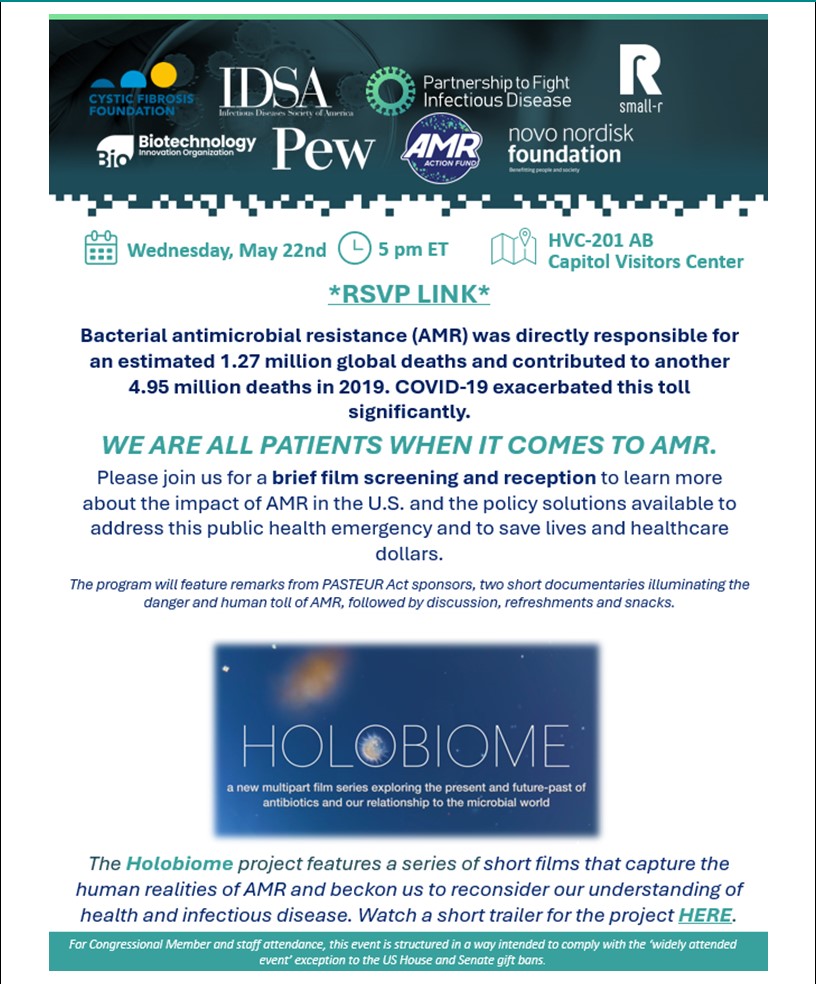 Tomorrow in DC at 5 pm, join @RepDrewFerguson & @MarkAmodeiNV2 for Holobiome on the Hill: Cocktails & Conversation on the Path Forward for AMR Policy. Register here: docs.google.com/forms/d/1kimA1… #AMR