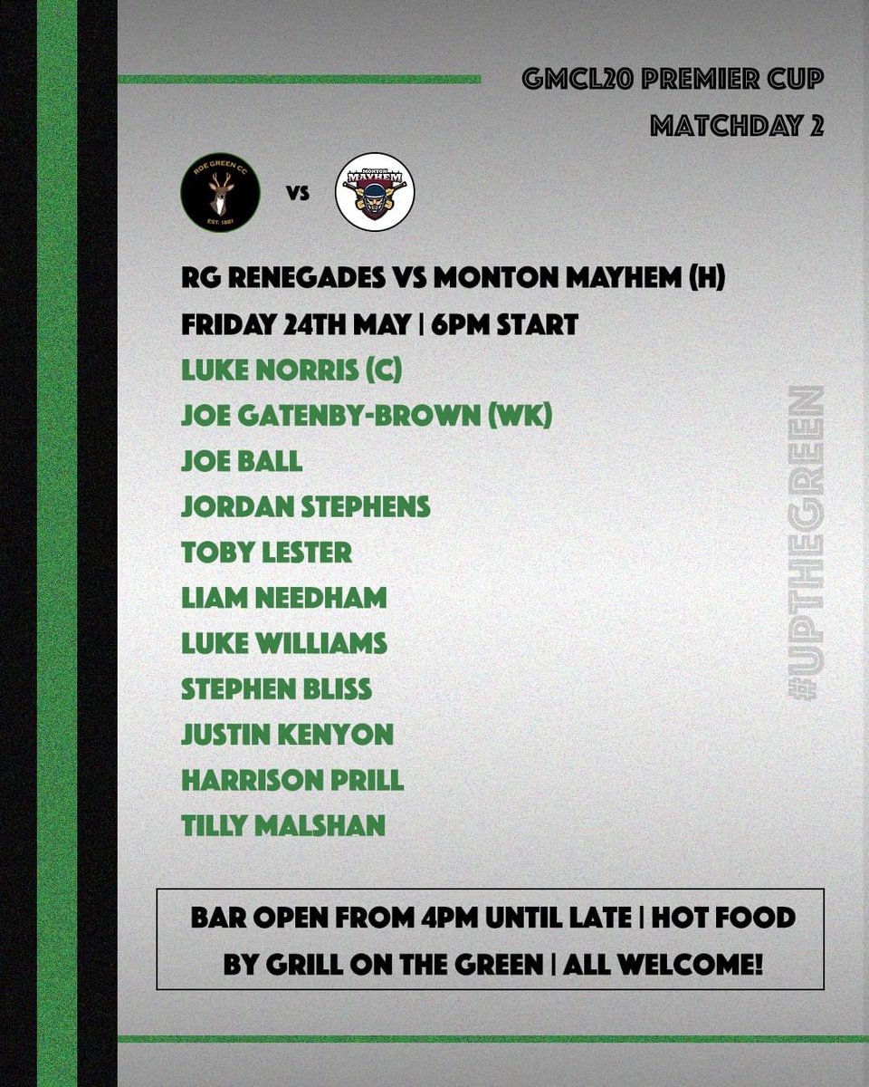 T20 cricket returns to RG on Friday! 🚀

We welcome Monton Mayhem for the second game of our 2024 campaign, as we bid to defend our GMCL20 Premier Cup title from last season 🏆

<a href="/MontonCC/">Monton Cricket Club</a>