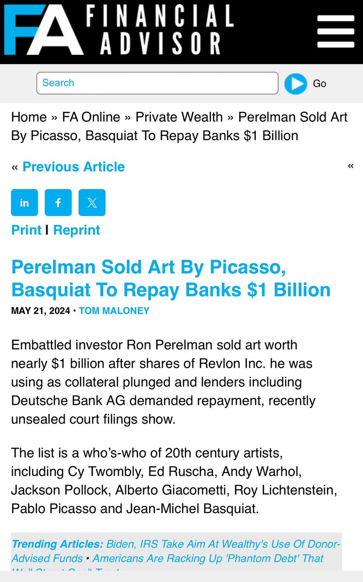 Billionaire Ron Perelman was forced to sell nearly $1 Billion in art a few years ago after getting margin called by Deutsche Bank - FA Online 'Embattled investor Ron Perelman sold art worth nearly $1 billion after shares of Revlon Inc. he was using as collateral plunged and