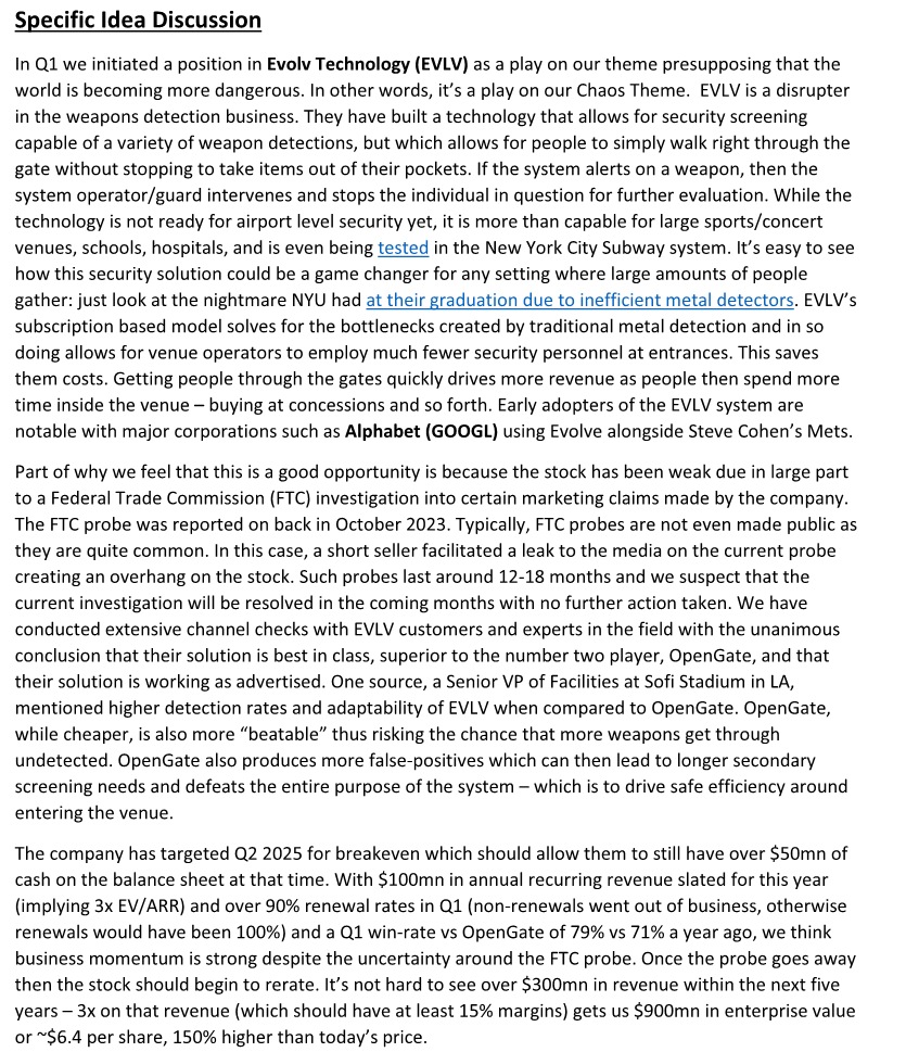 Here is the section of our Q1 letter were we discuss our new position in Evolv Technologies, $EVLV. Not advice - obviously.