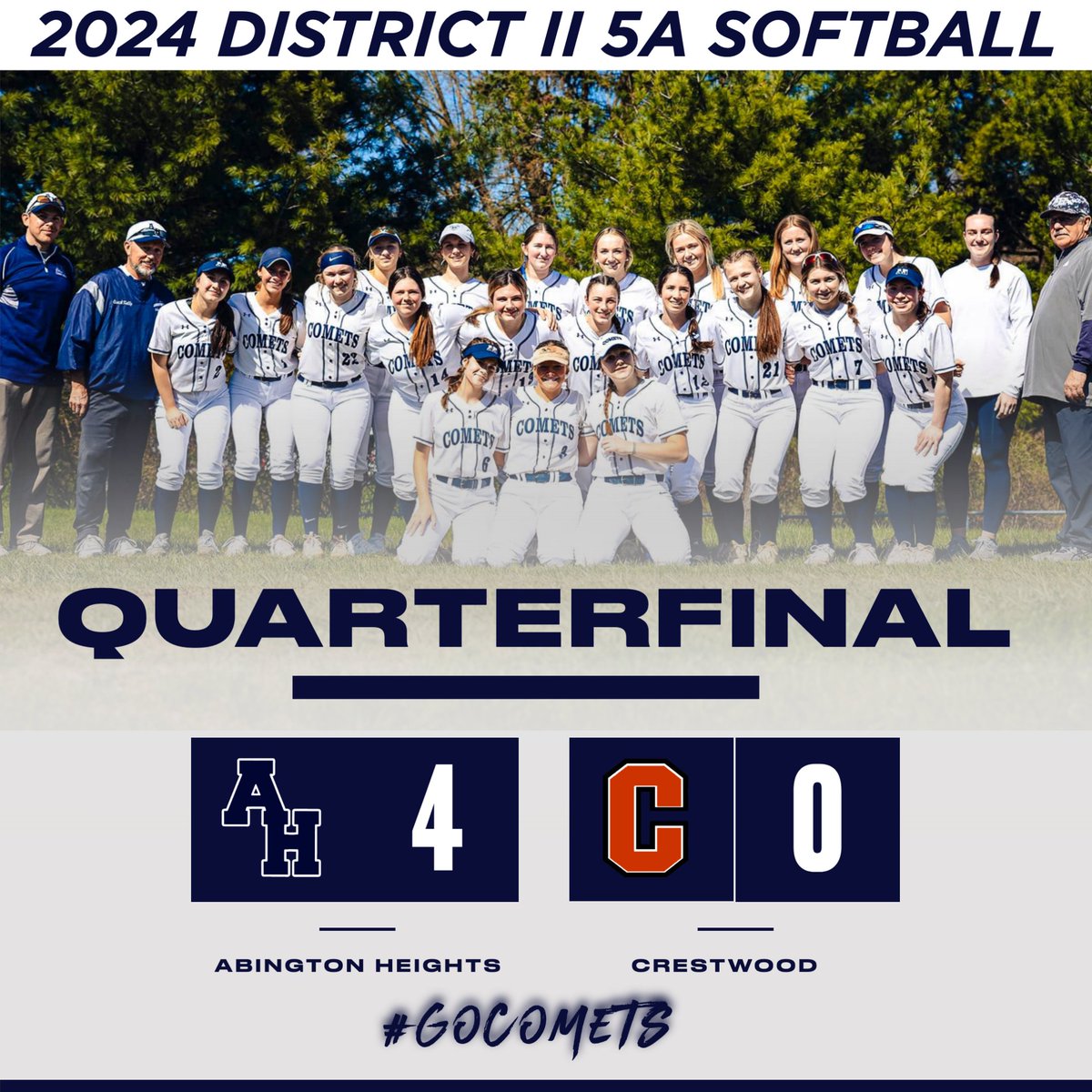 AHSDAthletics's tweet photo. SOFTBALL: Congratulations to our Lady Comets who defeated Crestwood in the quarterfinals yesterday, 4-0! AH is advancing and headed to the semifinal tomorrow, Wednesday 5/22, 4:30pm start away at Wallenpaupack.

Admission is free through this semifinal round.

#GoComets https://t.co/rQq507VeX6