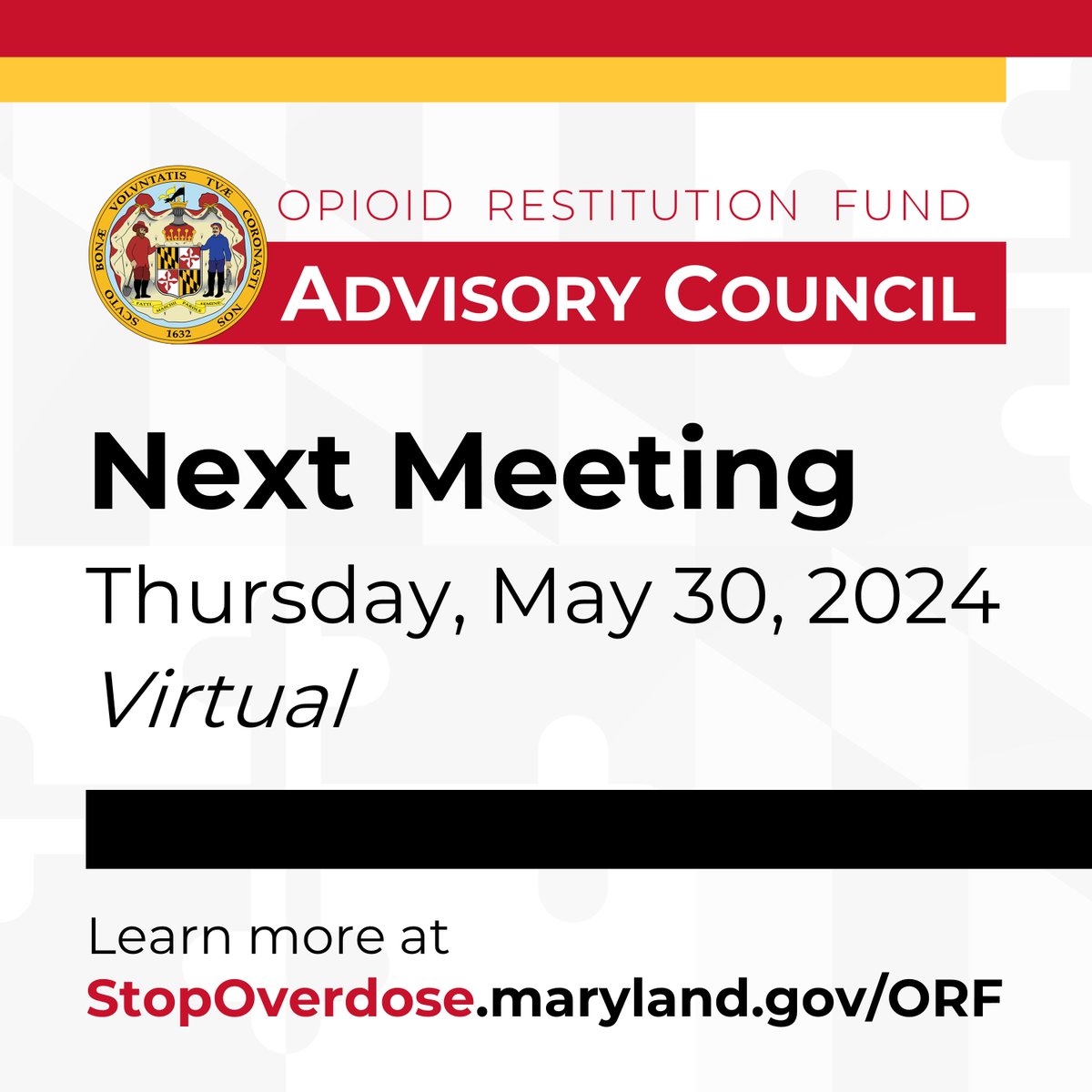 The next meeting of the Opioid Restitution Fund Advisory Council will be Thurs., 5/30, from 10–11 am! This meeting will feature an important presentation by Sec. Laura Herrera Scott of @MDHealthDept. Visit StopOverdose.maryland.gov/ORF for details on how to tune in. #StopOverdoseMD