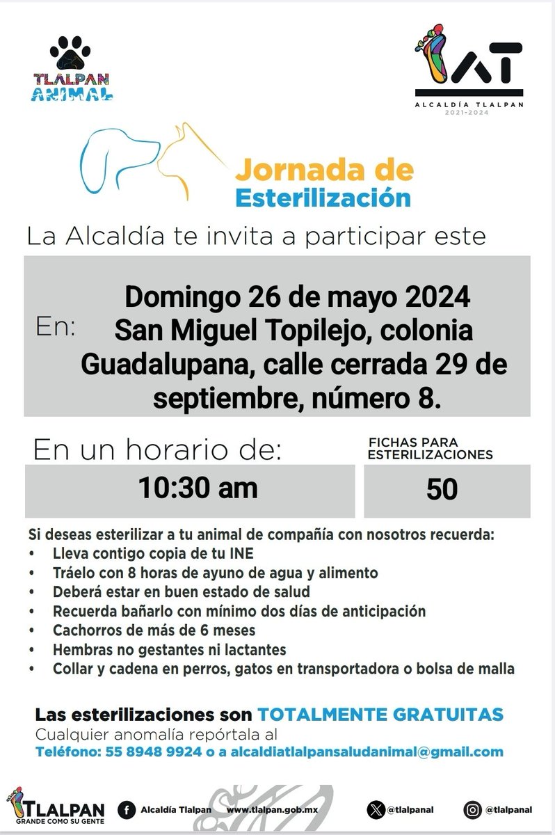 Carlo Castro Oficial (@carlocastroofic) on Twitter photo ‼️Jornada móvil de esterilización GRATUITA <a href="/TlalpanAl/">Alcaldía Tlalpan</a> ‼️
Está semana será en San Miguel Topilejo, colonia guadalupana, calle cerrada 29 de septiembre, número 8 (en la capilla Guadalupana).
📆 Domingo 26 de mayo de 2024.
📍 maps.app.goo.gl/ftStPqN2zGikDE…
✔️Checa los requisitos .. ‼️Jornada móvil de esterilización GRATUITA <a href="/TlalpanAl/">Alcaldía Tlalpan</a> ‼️
Está semana será en San Miguel Topilejo, colonia guadalupana, calle cerrada 29 de septiembre, número 8 (en la capilla Guadalupana).
📆 Domingo 26 de mayo de 2024.
📍 maps.app.goo.gl/ftStPqN2zGikDE…
✔️Checa los requisitos ..