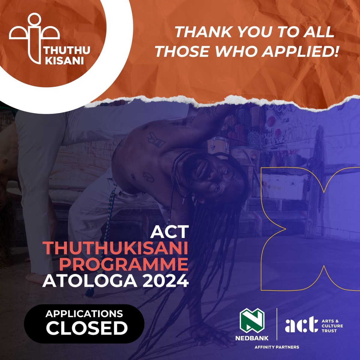 actorgza's tweet image. Big thanks to everyone who applied for the ACT Thuthukisani Programme (Atologa 2024). 

Please keep an eye out on our social media pages and your e-mails for feedback on application outcomes by mid-July 2024.

#ACTthuthukisani #Atologa24 #actstrat #entrepreneurship #arts