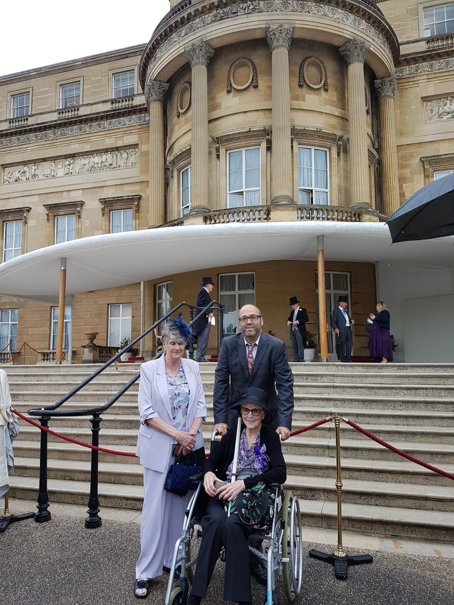 Homeshare_UK's tweet photo. Audrey (centre) and James are part of #Homeshare @RhannuCartref and at today's Royal Garden Party, supported by Carol in the lovely lilac! https://t.co/1lUzcD2Nx7