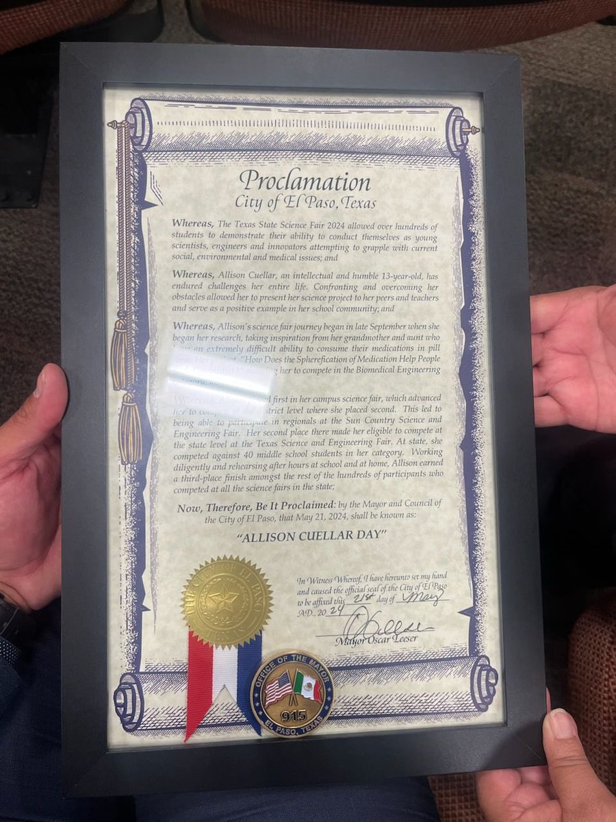 So honored to be a part of this day as we officially celebrate Allison Cuellar Day per a Proclamation by the City of El Paso and Mayor Leeser. Keep reaching for the stars Allison!!! #AllisonCuellarDay #FORtheValley @FORtheValley_DM @YsletaISD