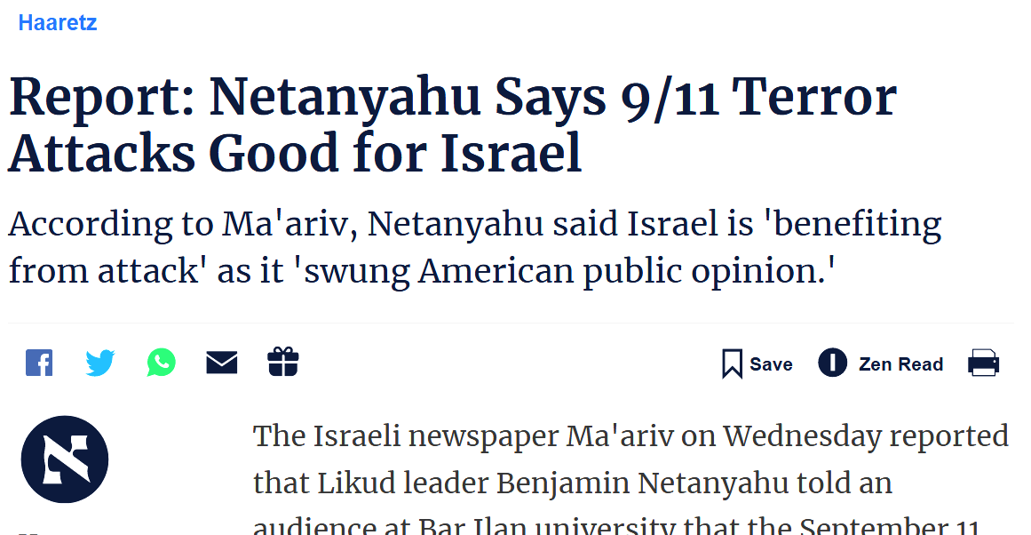 Nethanyanhu 'Incriminarmi per Gaza è come incriminare Bush per l'11 Settembre' Come riportarono i giornali israeliani, ma non quelli americani o italiani, disse che 'l'11 settembre è positivo per Israele' haaretz.com/2008-04-16/ty-… George Bush che interesse aveva politicamente a