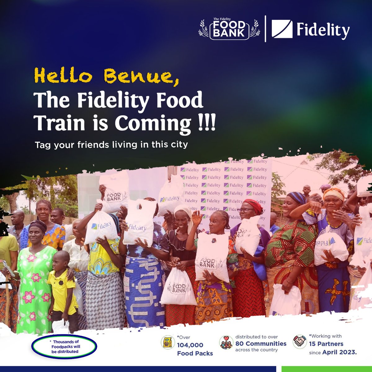 Benue get ready! The Fidelity Food Bank train will make a quick stop in your city this Thursday! We will be distributing essential food items to those in need! Tell a friend to tell a friend and let's spread the word! Together, we can end hunger in our society. 💚