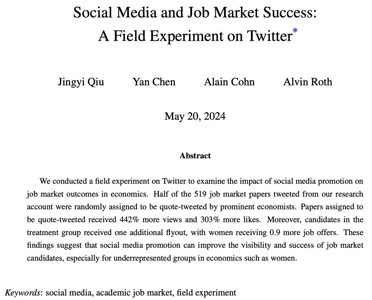 🚀Our field experiment (@yanchen @alain_cohn & Al Roth) on Twitter shows that social media promotion can boost job market outcomes, especially for women❗️ ✅Job market candidates in the treatment group received one additional flyout, with women receiving 0.9 more job offers.