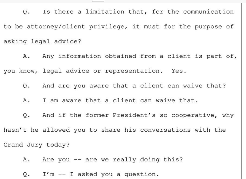 One of Jack Smith's inquisitors, Julie Edelstein, tried to pressure former Trump attorney Tim Parlatore into disclosing privileged conversations with the president. This exchange happened IN FRONT OF A DC GRAND JURY. Unbelievable lawless thuggery: