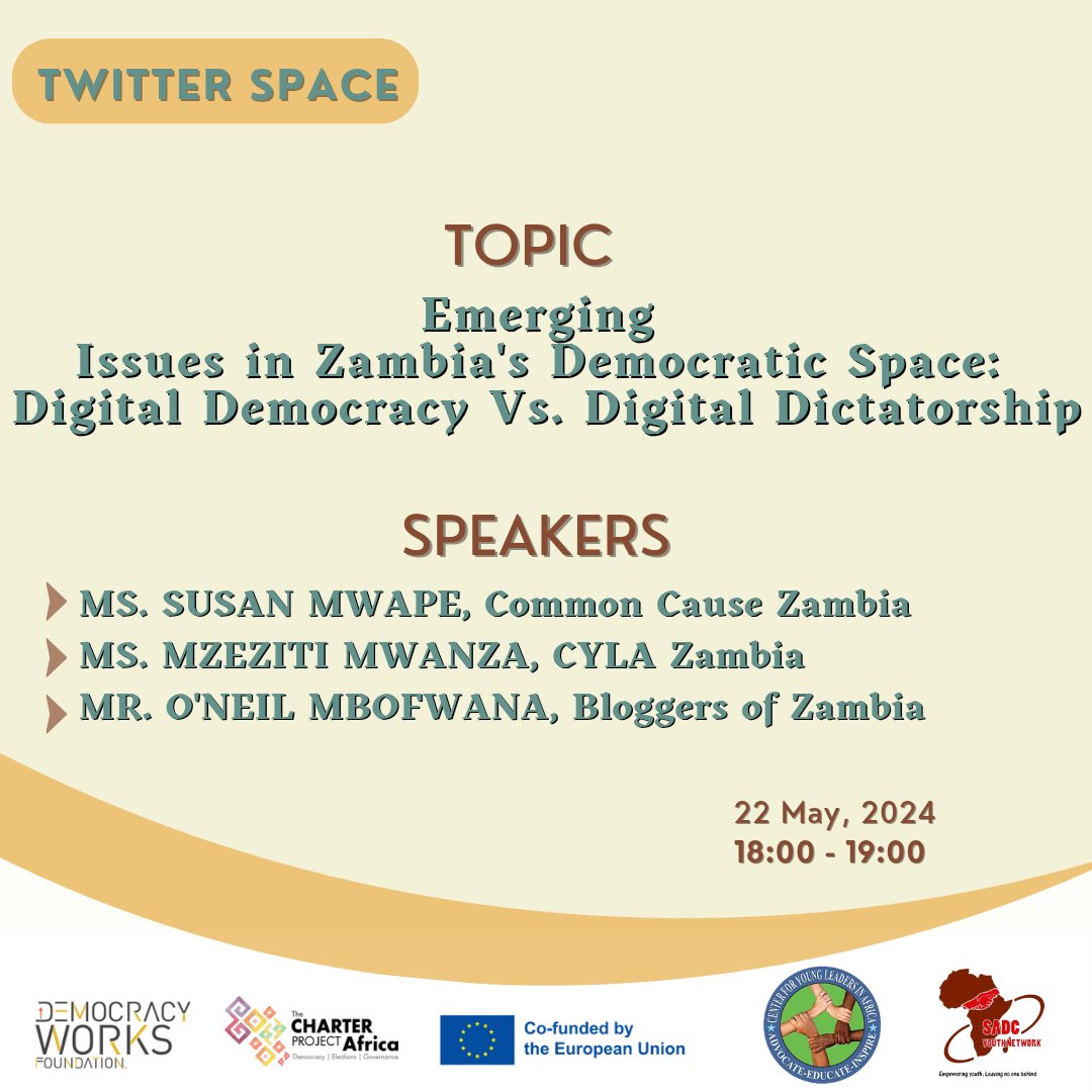 Look out for this Twitter Space on CYLA Zambia Twitter (X) account at 18:00. We will be discussing emerging issues in Zambia's democratic space with a focus on the relationship between digital rights and active citizen participation. Join: x.com/i/spaces/1oyka… #ZibaniACDEG