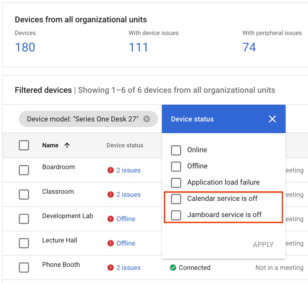 A51FR3D's tweet image. GOOGLE: Filter, sort, and display your Google Meet hardware devices by product service status: What’s changing 

You can currently filter, sort, and display your Google Meet hardware devices by whether they are online,… dlvr.it/T7Bxwk #Adminconsole #GoogleCalendar