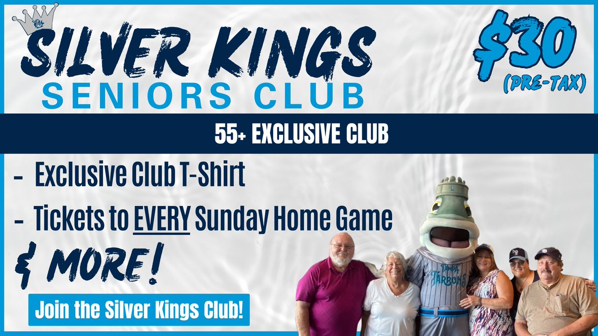 HEY! Have you heard of the Silver Kings?! It's our EXCLUSIVE Club for fans ages 55 and older whom receive a discounted full season or mini plan prices which include: FREE Sunday Ticket every home game & Sunday Senior Socials, Tarpons T-shirt & MORE!! 🎣bit.ly/44NDZud