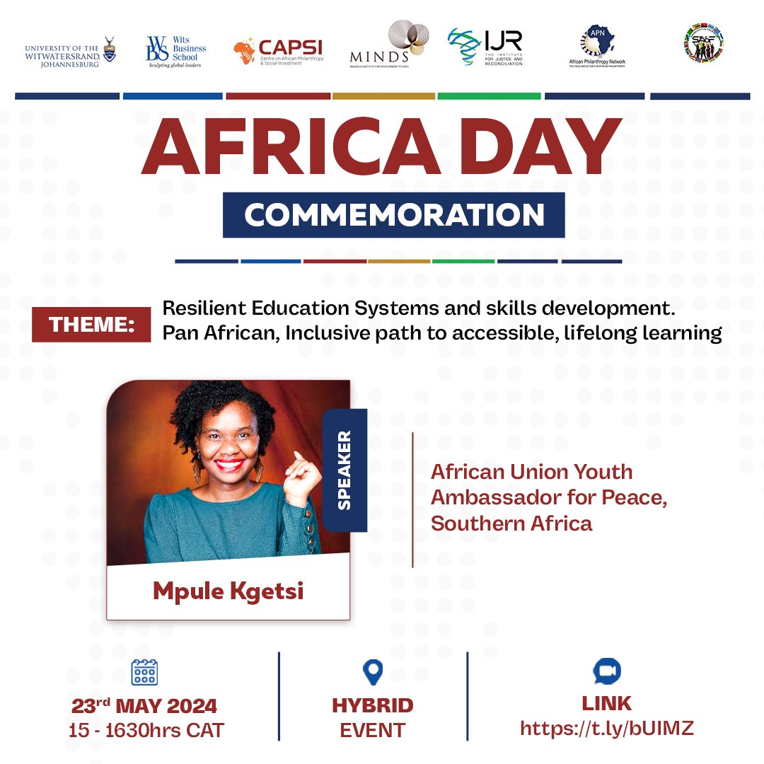 💡Africa Day Commemoration 2024 Speaker Spotlight 📣 @Mpule_Roxx 📌Theme: Resilient Education Systems and skills development. Pan African, Inclusive path to accessible, lifelong learning. 🗒23 May 2024 ⏰1500hrs CAT 🔗Registration Link: zoom.us/webinar/regist…