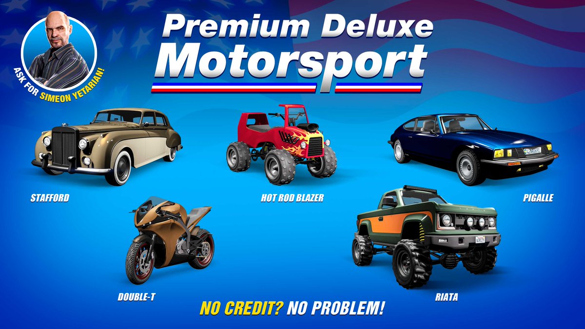 Simeon's Auto Shop has five cars available to purchase and test drive in  GTA Online. They are the Dinka Double-T, Enus Stafford, Lampadati Pigalle,  Nagasaki Hot Rod Blazer & Vapid Riata. Full