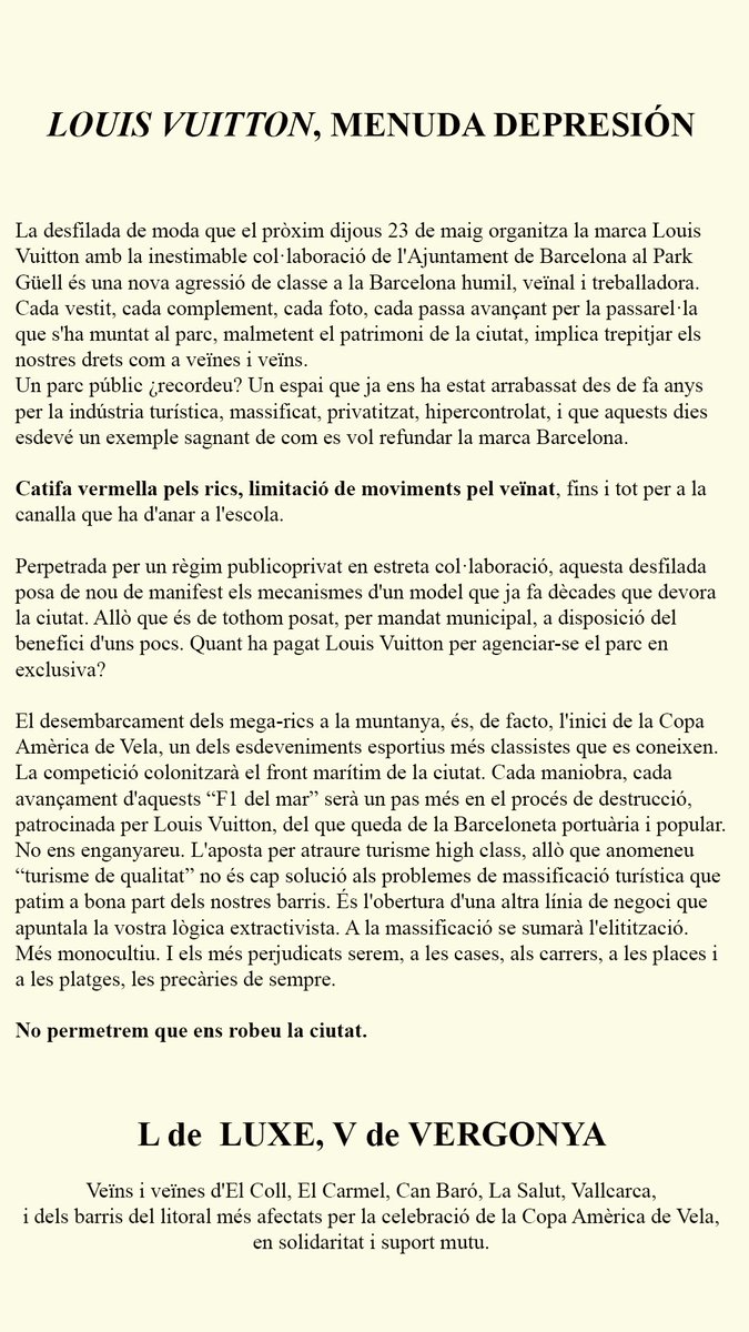 NoCopaAmerica's tweet photo. 💥 Si ens privatitzen els espais i ens expulsen dels barris, els portarem el conflicte als seus palaus de luxe. 

Ara mateix acció a la botiga de @LouisVuitton al Passeig de Gràcia. 

#BoicotLouisVuitton 🙅🏽‍♀️👜💰
#NoAlaCopaAmèrica ❌⛵💸 https://t.co/rFiyZJpgzx