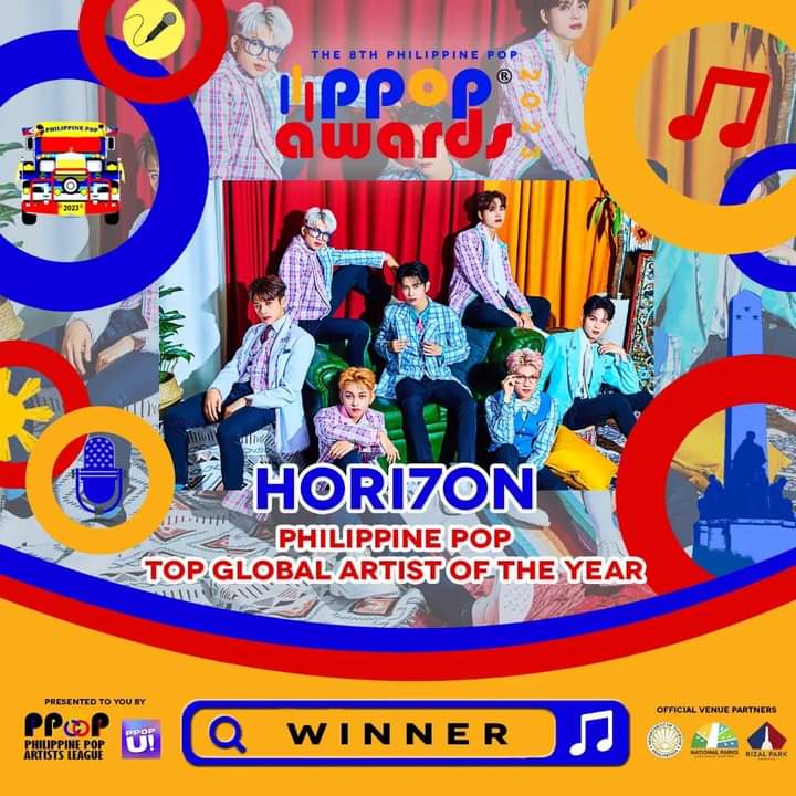 With the recent VP CHOICE AWARDS win, HORI7ON's AWARDS/TROPHIES so far:

🏆 8th PPOP Awards: TOP GLOBAL ARTIST OF THE YEAR

🏆 Asia Artist Awards 2023: FOCUS AWARD

🏆 11th Korean Wave Awards: RISING STAR AWARD

🏆 5th VP CHOICE AWARDS: KPOP Act of the Year

Congratulations!