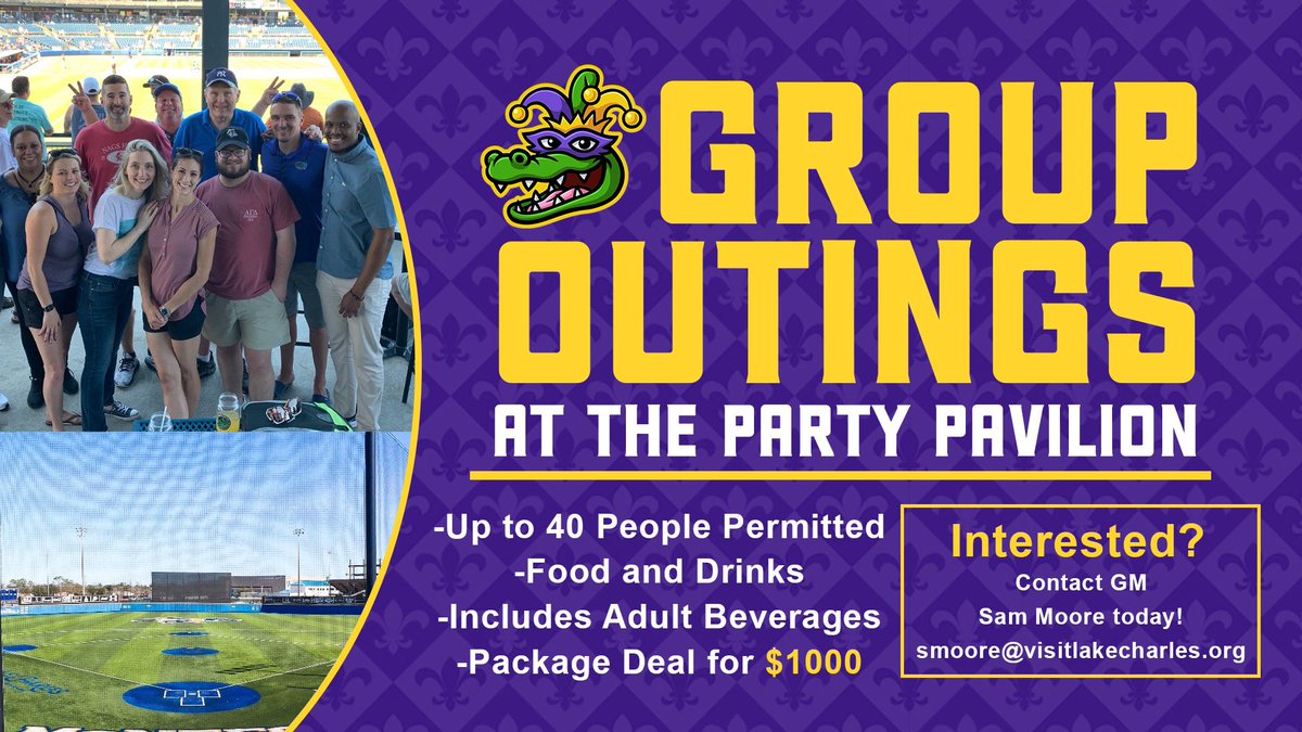 Gather your friends, family, and co-workers because Group Outings at the Party Pavilion are now available! 🎉 

Contact GM Sam Moore today 👉 smoore@visitlakecharles.org

#gumbeauxgators #geauxgators