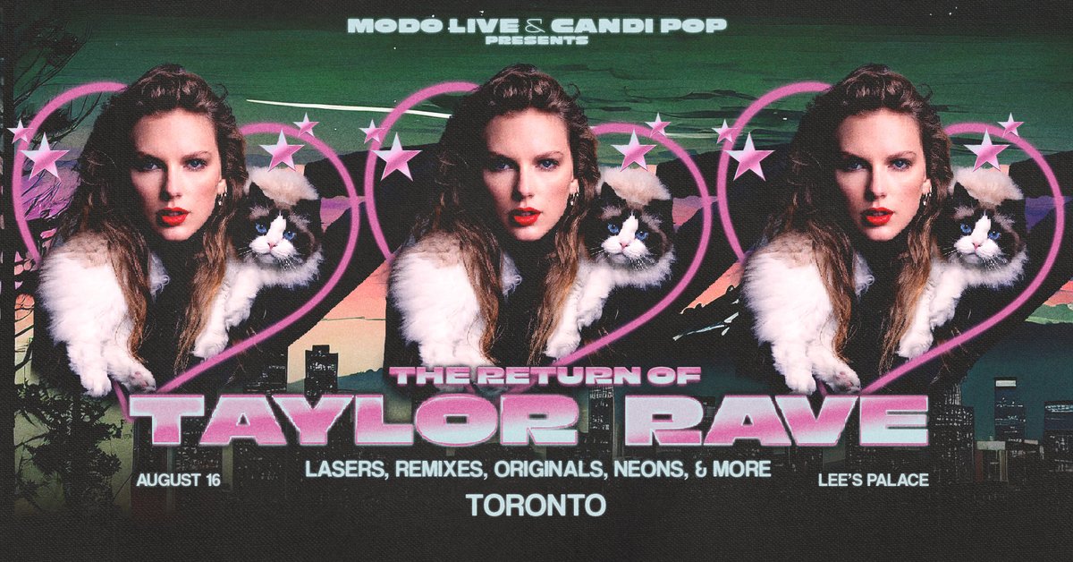 💕 @TaylorRaveParty takes over @LeesPalaceTO on Friday August 16th! A night full of Taylor Swift remixes, originals, lasers, neons, balloons and more. Only Taylor all night. ⚡️ Tickets go on-sale this Thursday May 23rd at 10am: found.ee/TaylorRave-YYZ #taylorrave #tswift