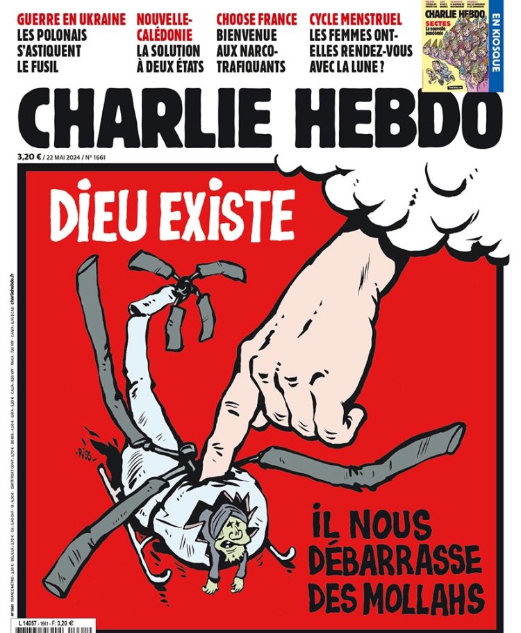 Treffende cartoon in (waar anders dan?) “Charlie Hebdo”, dat negen jaar geleden zwaar getroffen werd toen 12 medewerkers werden vermoord door islam-fanaten die meenden dat hun godsdienst werd beledigd. Onverwoestbaar tijdschrift.