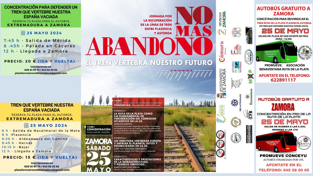 Zamora nos acoge el 25 de mayo para reclamar la recuperación del eje ferroviario 🚉 Plasencia-Astorga para 2040. Varias opciones para subir por el Sur: Mérida, Cáceres, Navalmoral, Plasencia, Aldeanueva-Hervás, Béjar, Salamanca y por el Norte: León, Astorga, La Bañeza y Benavente