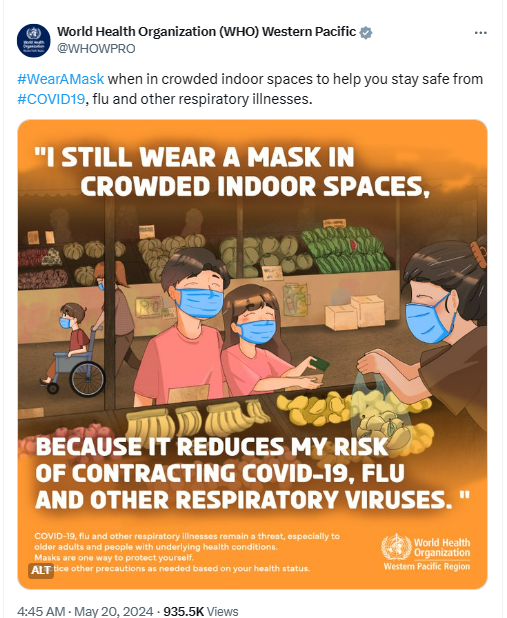 World Health Organisation launches new poster advising mask wearing as Covid surges in multiple countries globally: ''I STILL WEAR A MASK IN CROWDED INDOOR SPACES, BECAUSE IT REDUCES MY RISK...