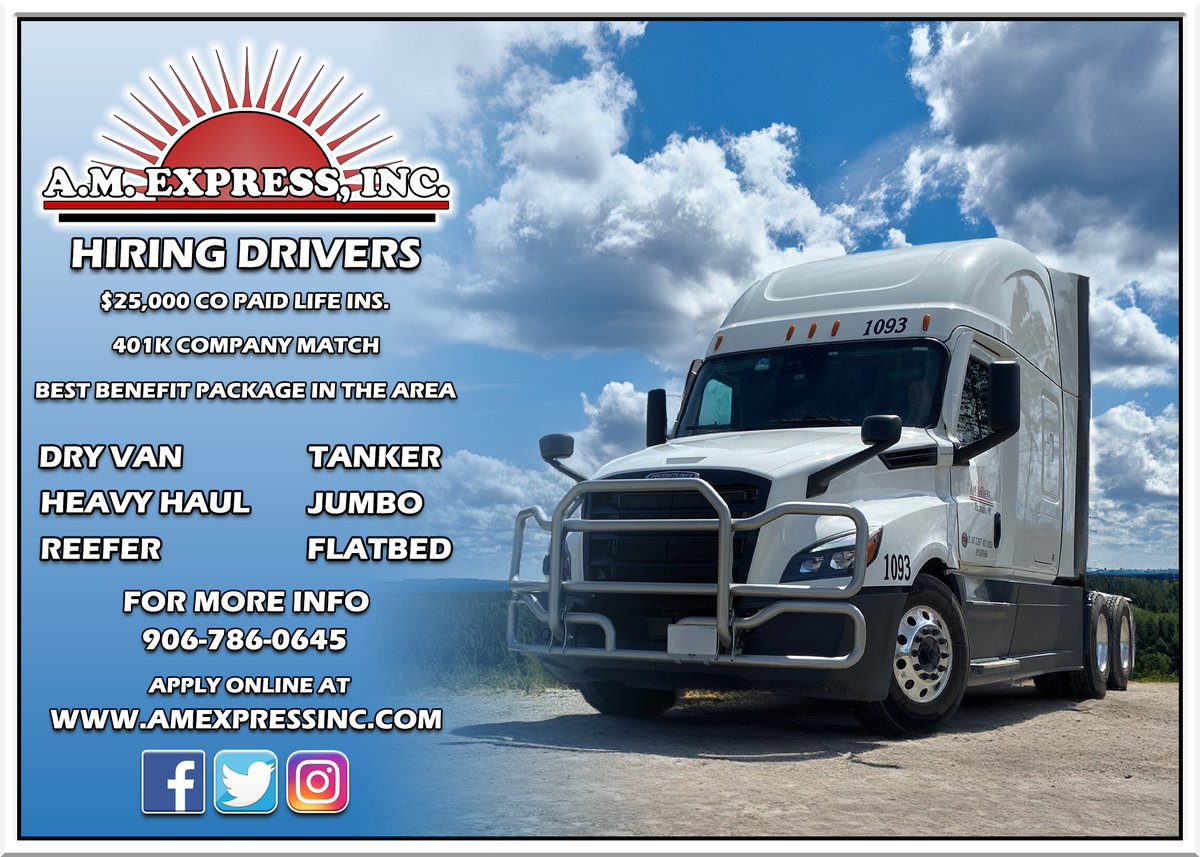 Our Website: amexpressinc.com
#hiringnow #hiring #HiringAlert #truckinglife #truckerslife #BigRigs #trucknation #freightlife #driverlife #ontheroadagain #TruckersCommunity #truckingcompany #truckingindustry #truckingworld #drivesafe #HaulingHeavy