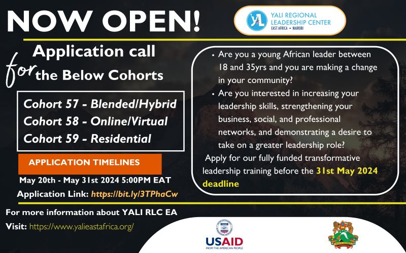 🚀 Open Applications for YALI Regional Leadership Center East Africa - Cohorts 57, 58, and 59! - Application Deadline: 31st May 2024, 5:00 PM EAT - Details: bit.ly/3yot3ai #YALIRLC #Leadership #Africa #ChangeMakers #Entrepreneurship #PublicManagement #CivicLeadership