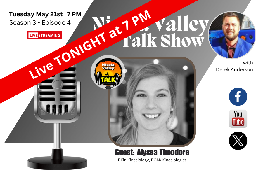 NicolaTourism's tweet photo. TONIGHT AT 7 PM Derek Anderson of the Nicola Valley Talk Show sits down with, BKin Kinesiology, BCAK Kinesiologist and business owner, Alyssa Theodore.
***
#nicolavalleytalk #experiencemerritt #merrittmatters #merrittbc #exploremerritt #talkshow https://t.co/cYtCfzGtGD