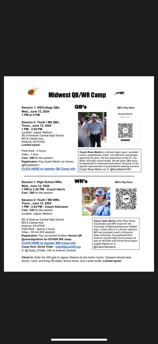 QBs/WRs - Opportunity for local camp in Wichita area! Clinicians include @RussMartinFB1 (retired HC/OC) and @CoachTeeHarris from @UNK_Football & Youth WR camp led by Tyler Kahmann from @esuhornetsfb Email or DM me for the registration link: tuttled@usd385.org Limited spots!