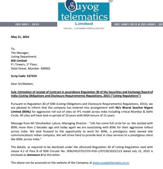 Suyog Telematics Ltd. has entered into arrangement with BSNL for aggressive roll out of sites on IP1 model across India including critical Mumbai & Delhi Circle. All sites will have lock-in period of 10 years with MSA tenure of 15 years #telecom #bsn