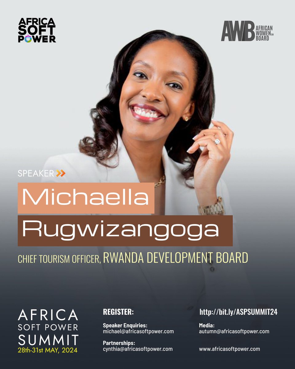 We're thrilled to welcome Michaella Rugwizangoga, Chief Tourism Officer at the Rwanda Development Board, as a speaker at the Africa Soft Power Summit 2024! #aspsummit24