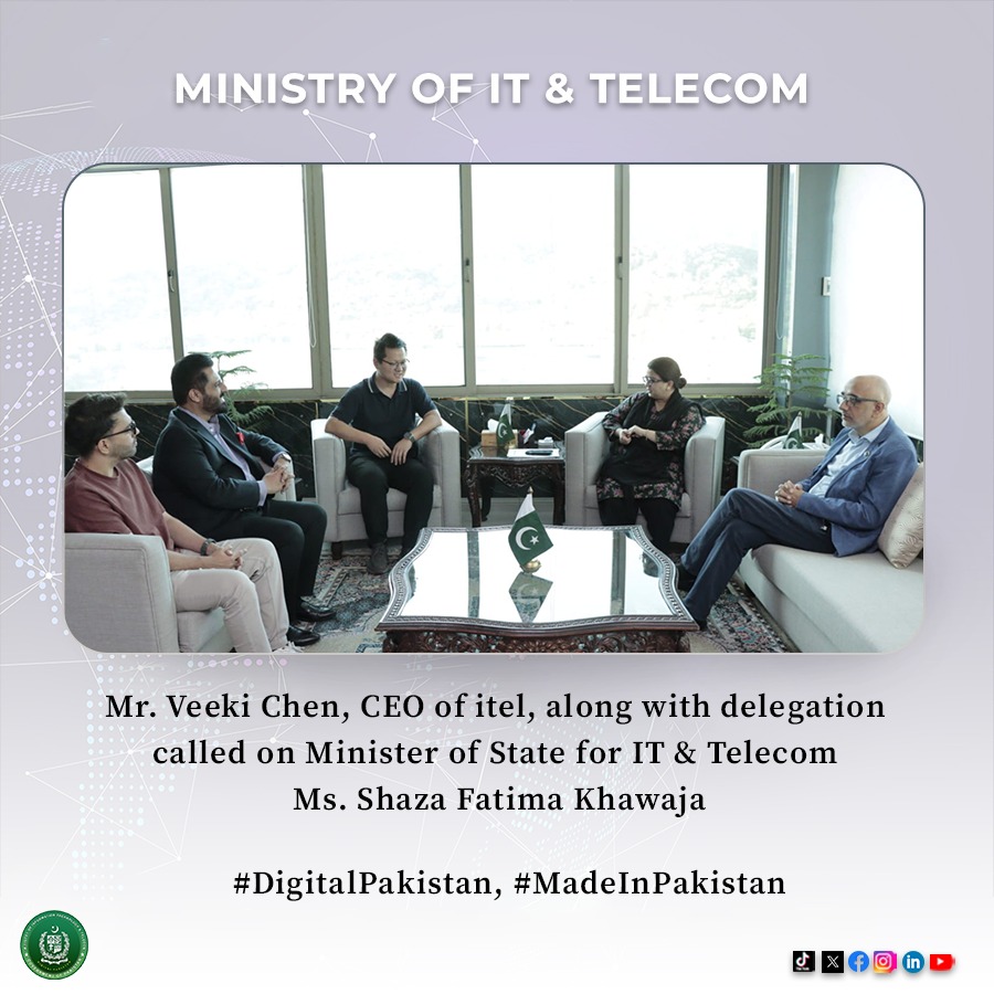 Mr. Veeki Chen, CEO of itel, along with delegation called on Minister of State for IT & Telecom Ms. Shaza Fatima Khawaja.

@ShazaFK
#MOITT #investinPakistan #digitalhubpakistan #DigitalTransformation #ICT #madeinpakistan #itel
