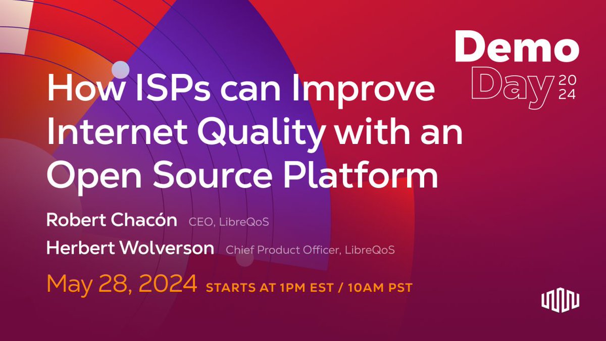 LibreQoS's tweet photo. See you all at @equinixmetal Demo Day: May 28, 2024 at 1PM EST / 10AM PST
It's free, join us https://t.co/Z4irJDug67
#LibreQoS #QoE #QualityOfExperience #InternetServiceProvider #ISP #WISP #WirelessInternetServiceProvider #FISP #FWA #FLOSS #Equinix #EquinixMetal #OpenSource https://t.co/nFGeKfO3gq