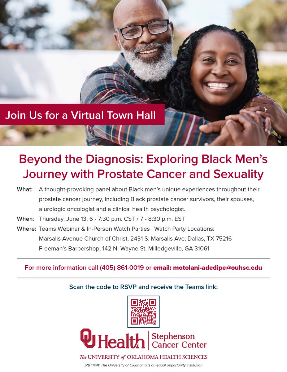 Join @UofOklahoma Thursday, June 13th from 7:30pm CST (8:30pm EST) for a Virtual Town Hall 'Beyond the Diagnosis: Exploring Black Men's Journey with Prostate Cancer and Sexuality. Register Here: events.teams.microsoft.com/event/01b10077…