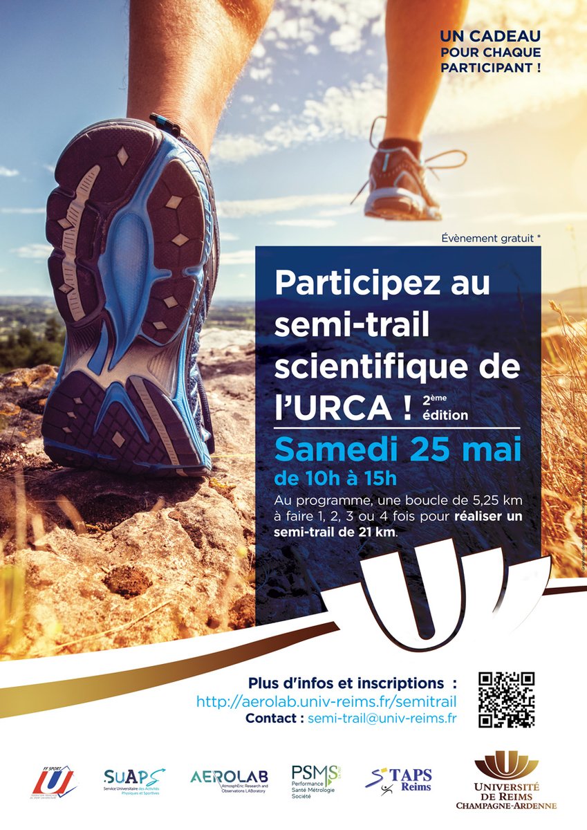 L’UFR STAPS et le <a href="/LaboratoirePsms/">Laboratoire PSMS</a> de l'<a href="/universitereims/">Université de Reims Champagne-Ardenne</a> en partenariat avec <a href="/PoleAEROLAB/">Pôle d'innovation AEROLAB</a> , le <a href="/SuapsReims/">suaps reims</a>, la <a href="/FFSportU/">FFSU</a> organisent son semi-trail scientifique le 25.05-10h à 15h. Envie de participer ? Contactez : semi-trail@univ-reims.fr - aerolab.univ-reims.fr/semitrail/