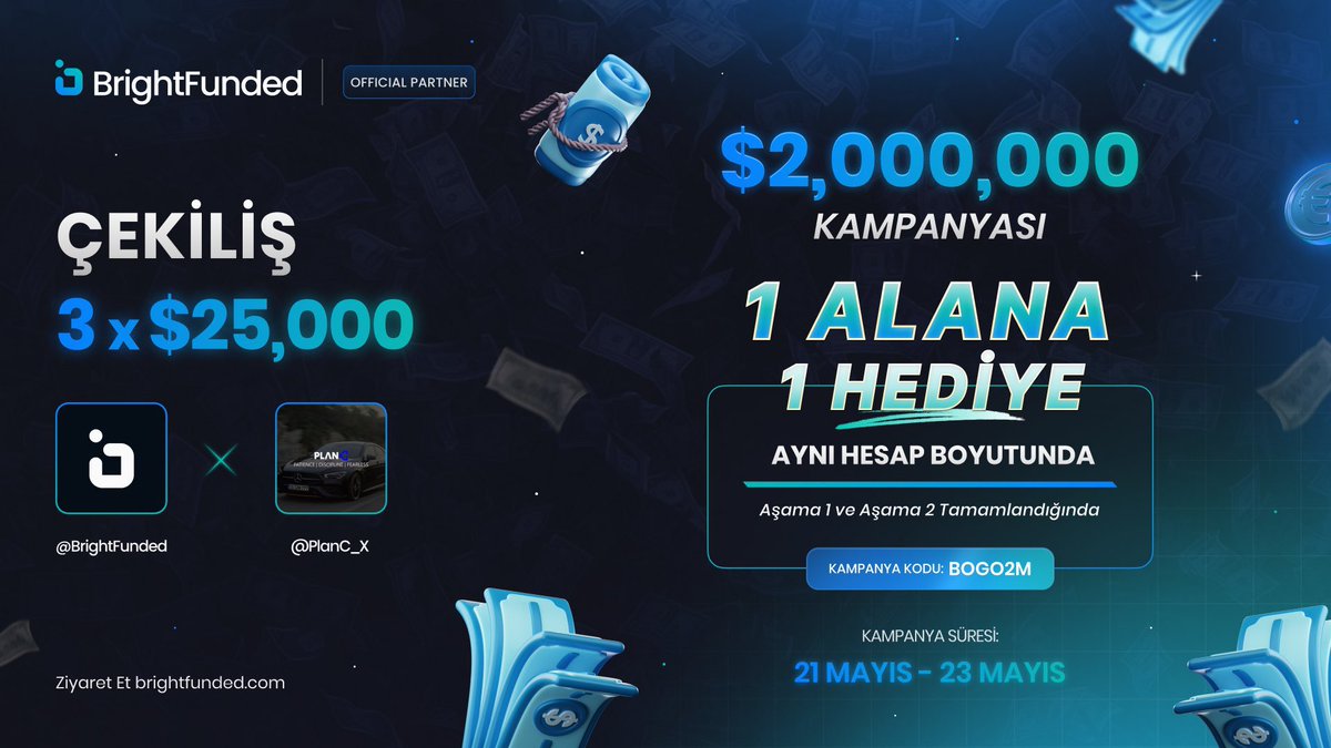 PLANC77's tweet photo. 📌 ÇEKİLİŞ #Giveaway 

BrightFunded'ın inanılmaz 2 MİLYON ÖDEME PROMOSYONU onuruna GIVEAWAY düzenliyoruz! BrightFunded en düşük spread ve komisyon oranlarıyla sektörün öncüsü. 🎉

3 x $25,000 GIVEAWAY

1️⃣@BrightFunded @BrightFundedTR @PlanC_X  hesaplarını takip et. 

2️⃣ Tweeti beğen ve RT at. 

3️⃣ 2 arkadaşını etiketle. 

✅ Kayıt Linki ; https://t.co/AMzqEh7Yfh