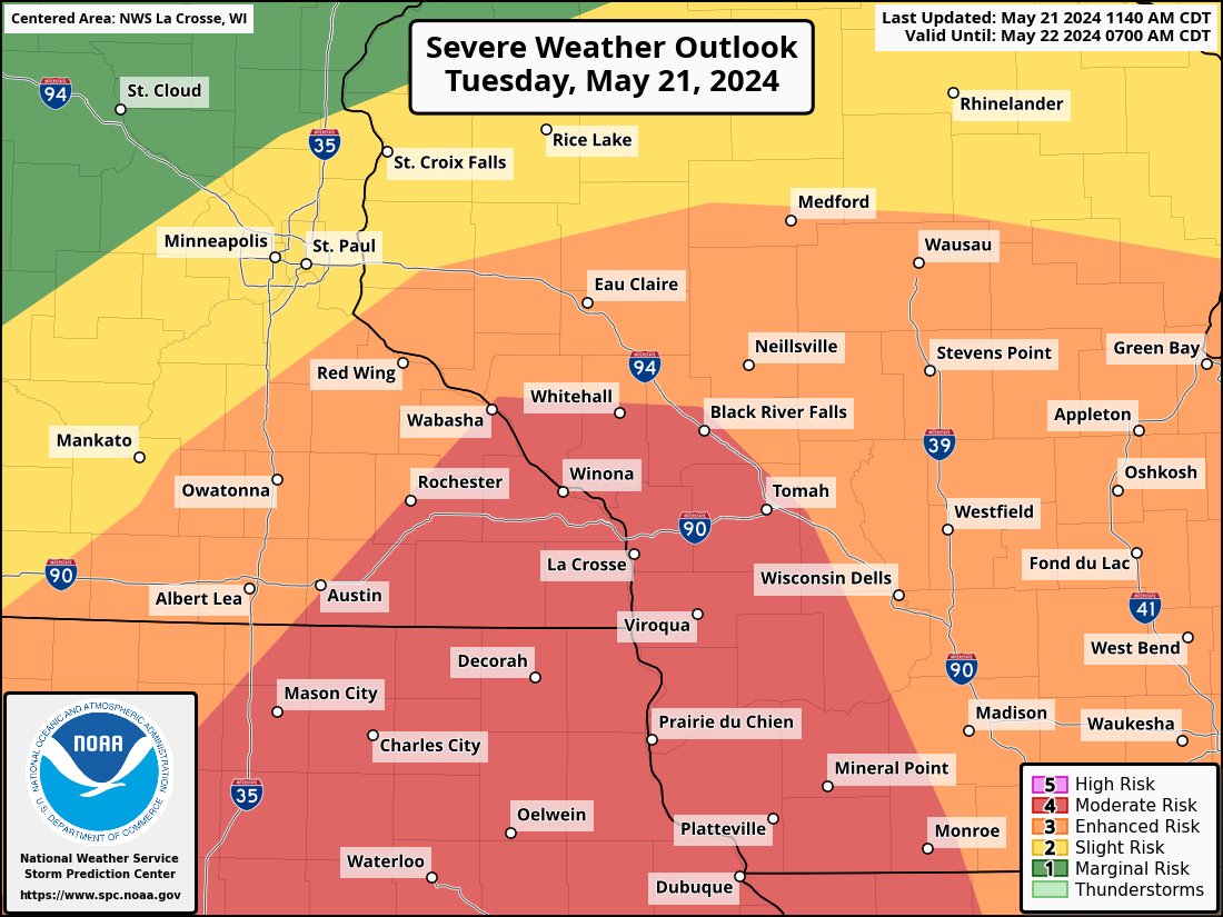 The SPC has expanded the Moderate Risk northward into more of Southeast Minnesota & Western Wisconsin for increased confidence in a significant tornado threat along the warm front this afternoon.

#mnwx #wiwx #weather