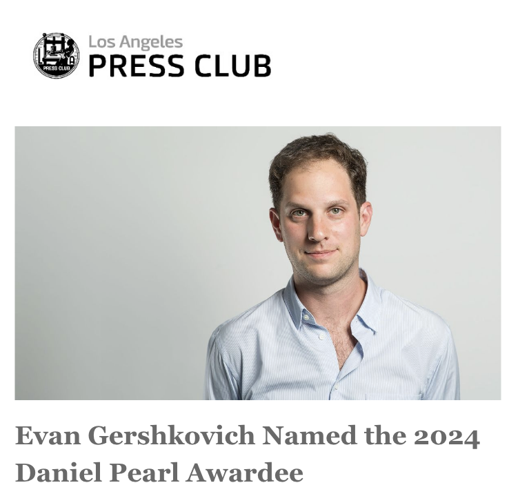 Evan Gershkovich Named the 2024 Daniel Pearl Awardee for Courage and Integrity in Journalism. The 2024 award will be presented by Judea Pearl at an Awards Gala Dinner at the historic Millennium Biltmore Hotel in Los Angeles June 23. lapressclub.org/evan-gershkovi… @evangershkovich @WSJ