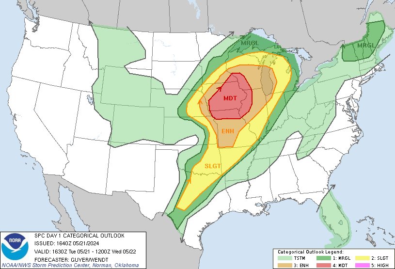 11:42am CDT #SPC Day1 Outlook Moderate Risk: across Iowa, northern Missouri, northwest Illinois, southeast Minnesota, and southern Wisconsin spc.noaa.gov/products/outlo…