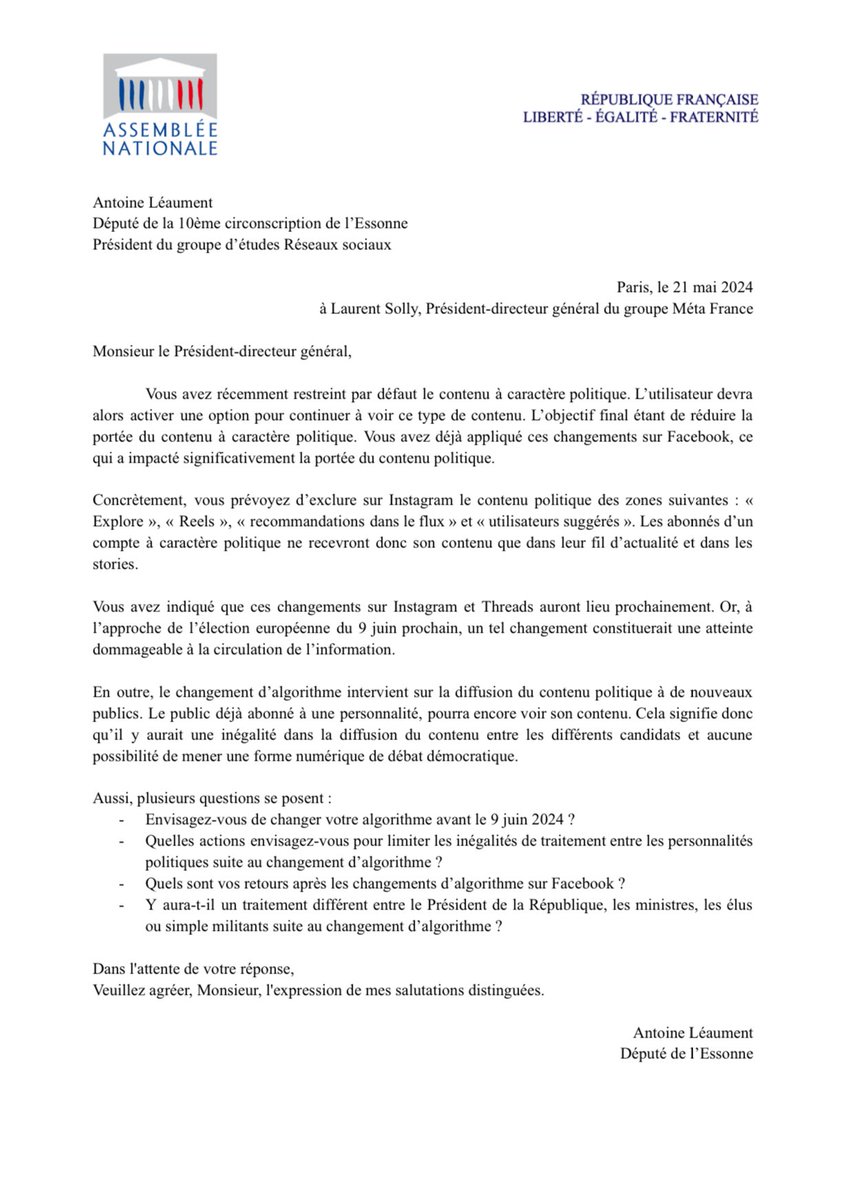 Meta a récemment choisi de restreindre le contenu politique de Facebook et Instagram.

À l’approche de l’élection européenne du 9 juin prochain, un tel changement constituerait une atteinte dommageable à la circulation de l’information.

Mon courrier au PDG de Meta France ⤵️