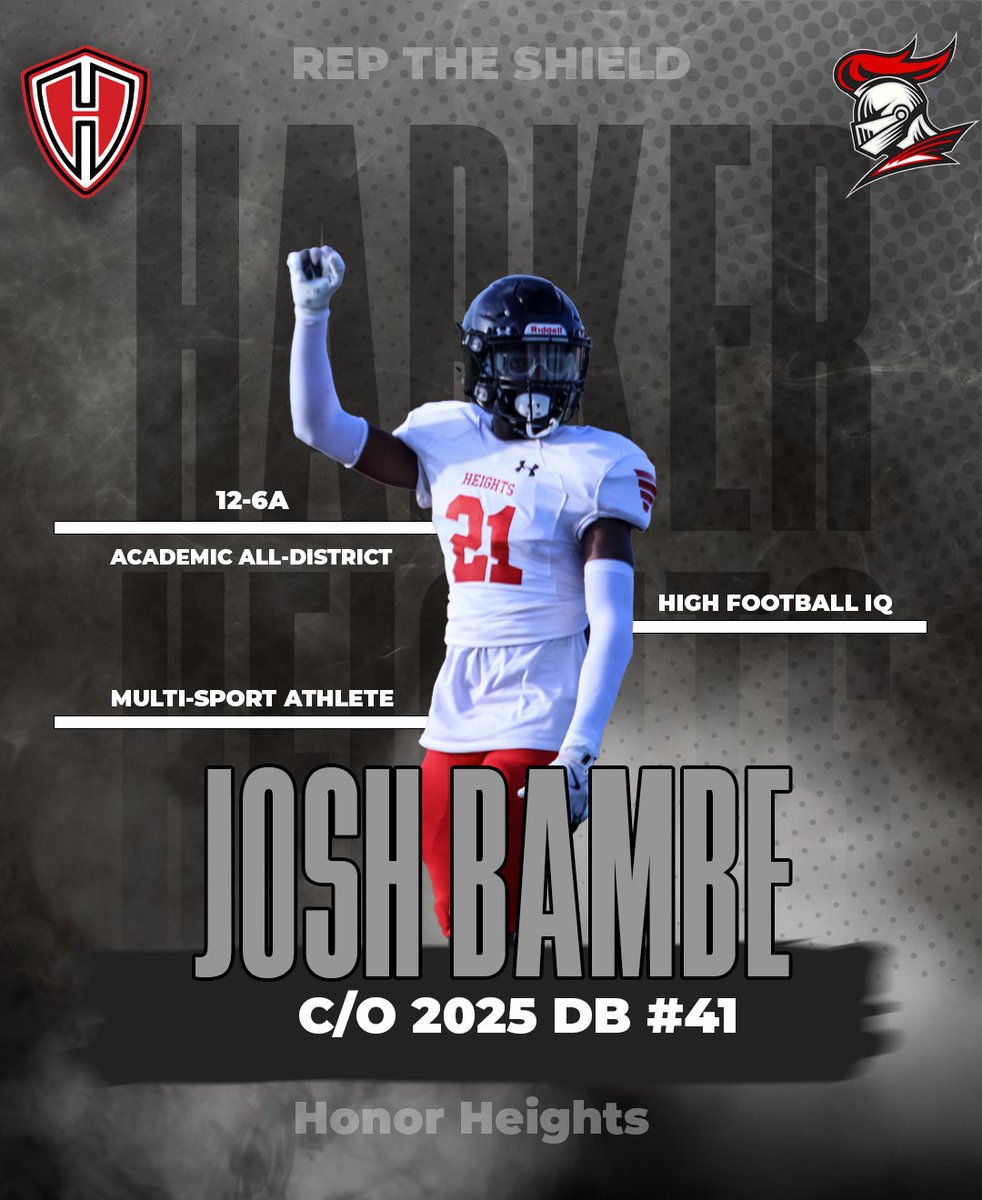 Josh Bambe 3.6 GPA 6'1' 175 lbs Smart football player with good communication on the back end. Possesses EL1TE balance and athleticism to remain in phase with receivers. Plays with poise and patience! #RepTheShield🛡️ #HonorHeights⚔️ @MarkHum7 @coach_t_ritchie @CoachLoganBrock