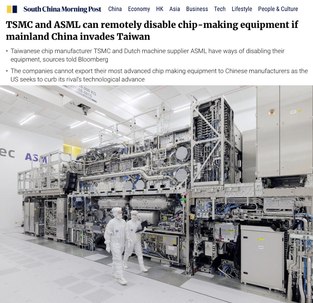 TSMC and ASML can remotely disable chip-making equipment if #China invades #Taiwan

Taiwanese chip manufacturer TSMC and Dutch machine supplier ASML have ways of disabling their equipment, sources told Bloomberg.

The companies cannot export their most advanced chip making