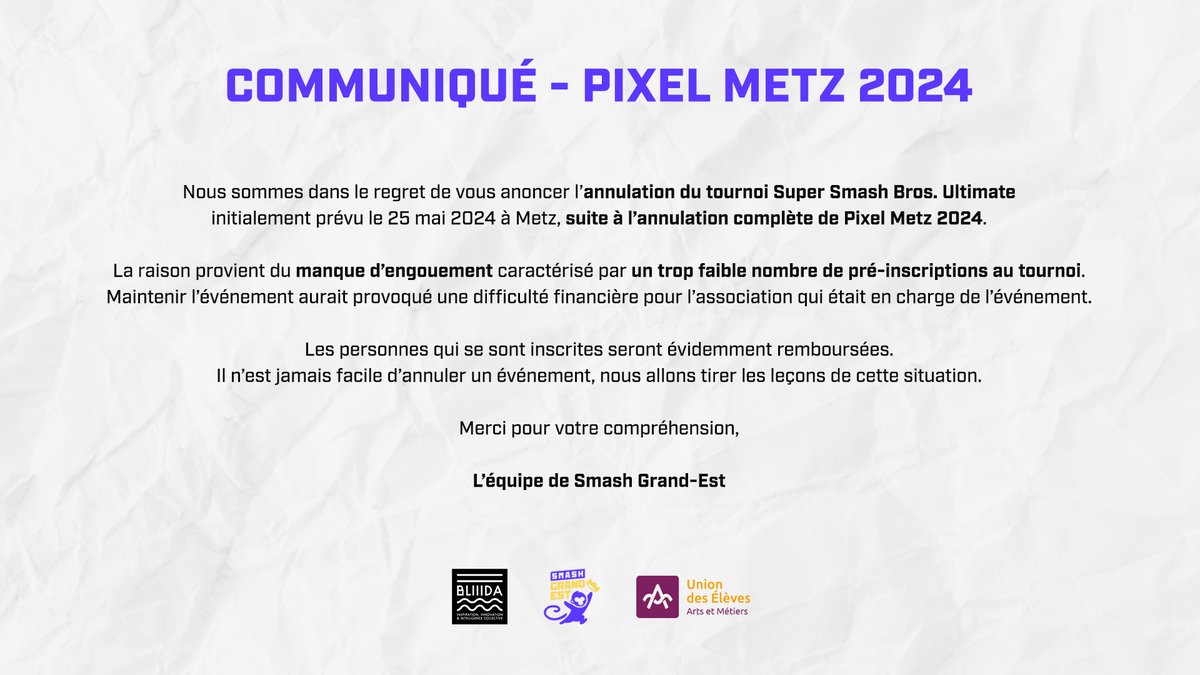 🚨 Annulation du tournoi #SSBU - Pixel Metz 2024 🚨