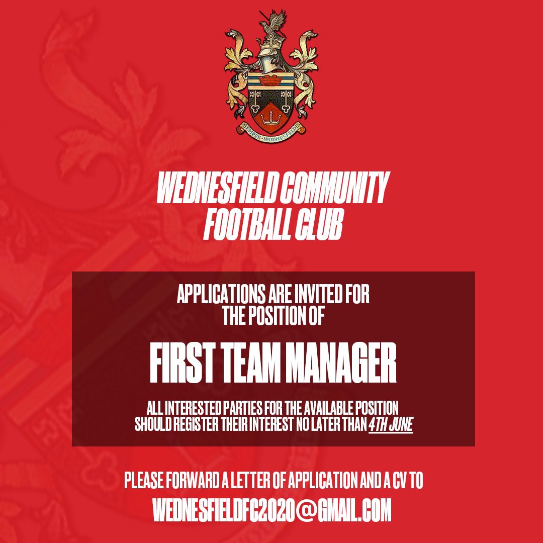WednesfieldCFC's tweet photo. 🚨Business as usual down at club
First Team &amp; Youth team 🚨

We are now inviting 1st Team manager applicants , with the Deadline being 4th June 

Please don’t hesitate to get in touch 

Email- Wednesfieldfc2020@gmail.com

New Era ⚽️❤️🖤

Credit @domlatham for the design https://t.co/qJeKglRcUc