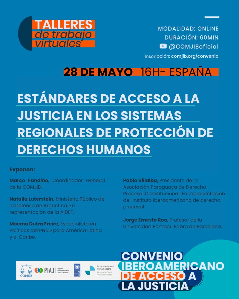 ComjibOficial's tweet photo. ‼️No te lo pierdas‼️

📌Participa en el tercer taller virtual con ocasión del #CIAJ: "Estándares de Acceso a la Justicia en los sistemas regionales de protección de Derechos Humanos" 

🗓️28/05/2024

⏲️16:00 (hora española)

✍️inscríbete aquí 🔗https://t.co/Gb0yo0YrJy https://t.co/IehQLK4qvd