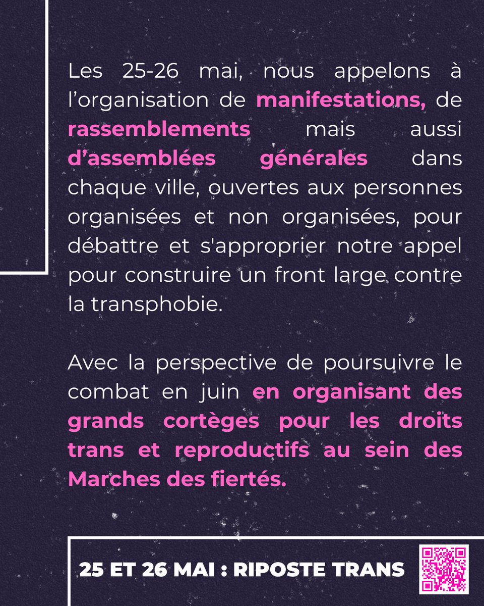 🏳️‍⚧️ #RiposteTrans
Il y aura d'autres #5Mai et ça commence ce week-end. 

FURAX signe à nouveau l'appel pour une déferlante trans et féministe partout en France les 25 et 26 Mai prochains.
