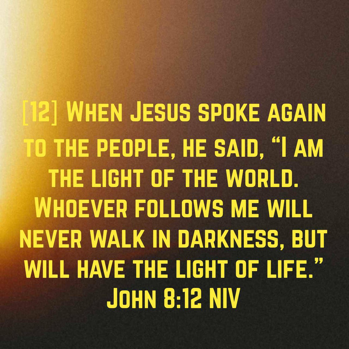 John 8:12 NIV [12] When Jesus spoke again to the people, he said, “I am the light of the world. Whoever follows me will never walk in darkness, but will have the light of life.” bible.com/bible/111/jhn.…